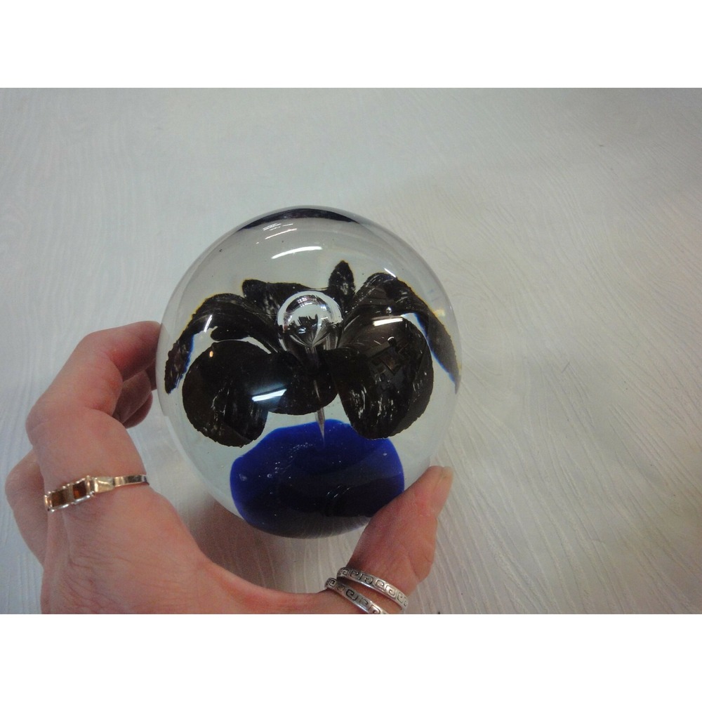 3" Blown Art Glass Globe Paperweight Cobalt Blue Space Flower Bubbles